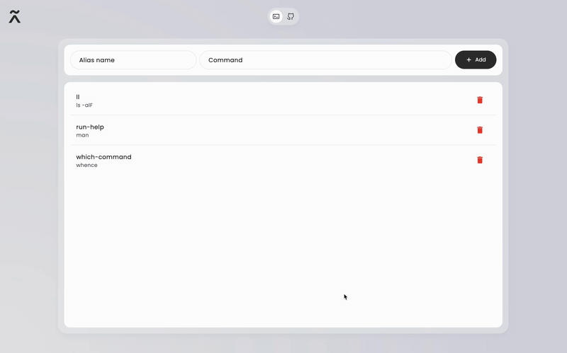 Alias Manager Demo - Simple interface with alias name and command fields